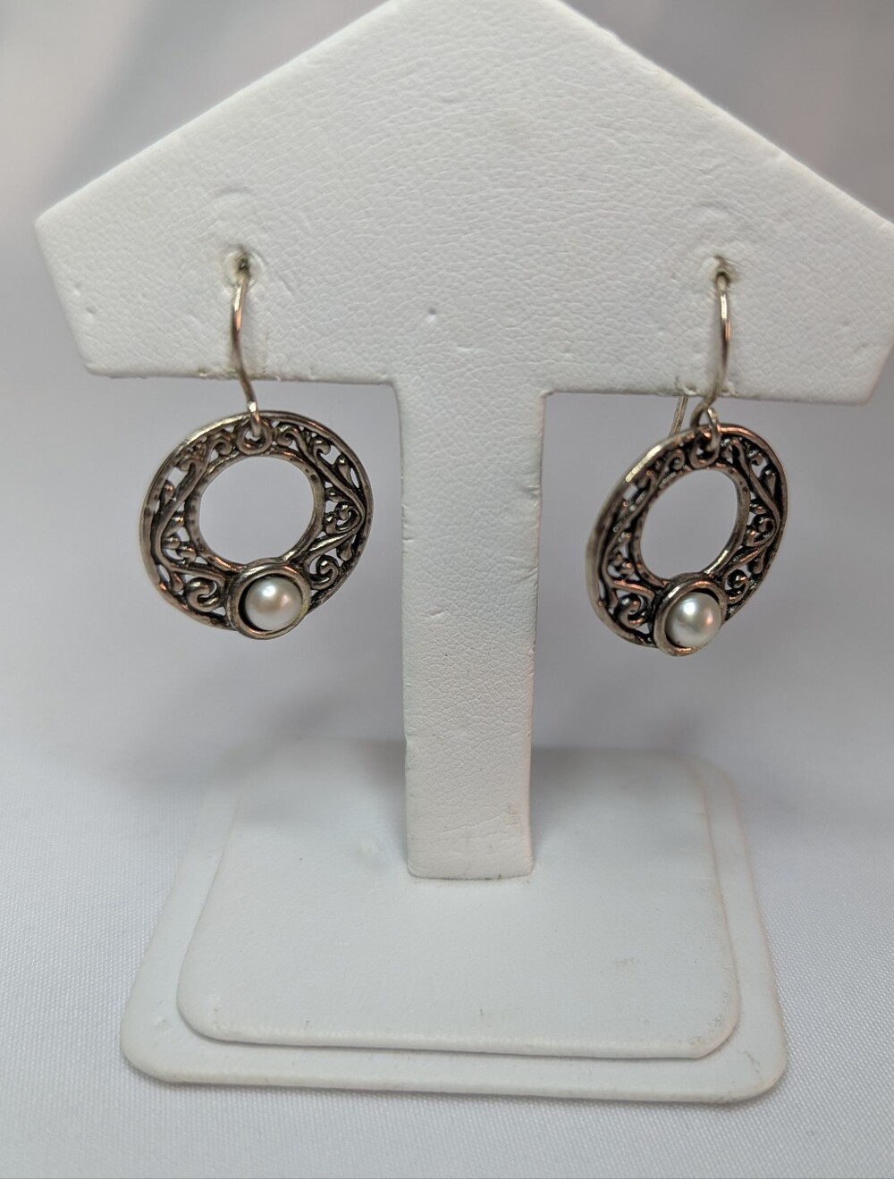 Sterling Silver Filigree Circle Pearl Drop Earrings